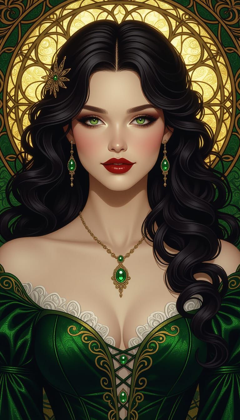 Celtic Maiden in Jade Gown: Dark Fantasy Art