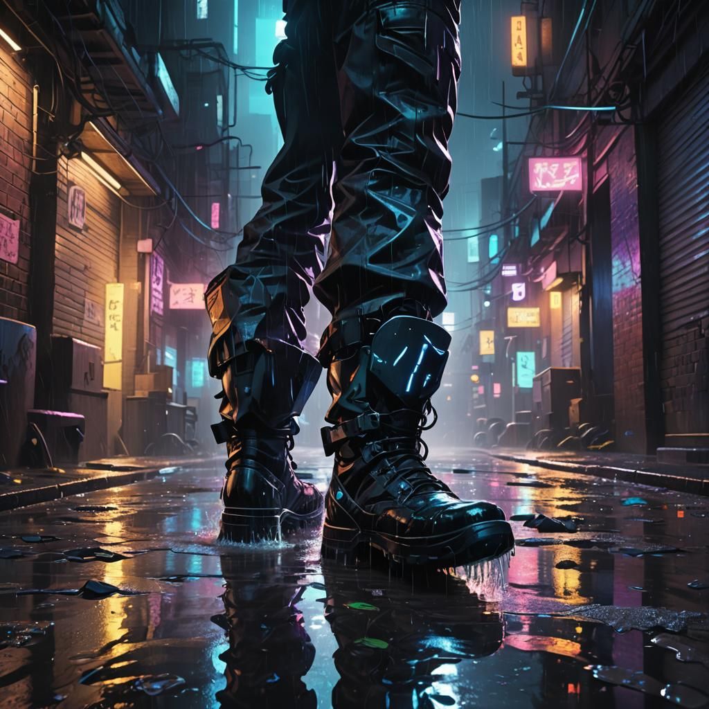 Cyberpunk Boots Splashing in Neon-Lit Alley