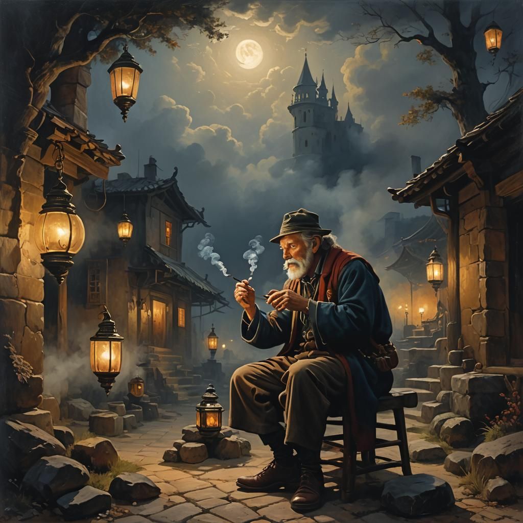 Mystical Oil Painting of Man Smoking Pipe