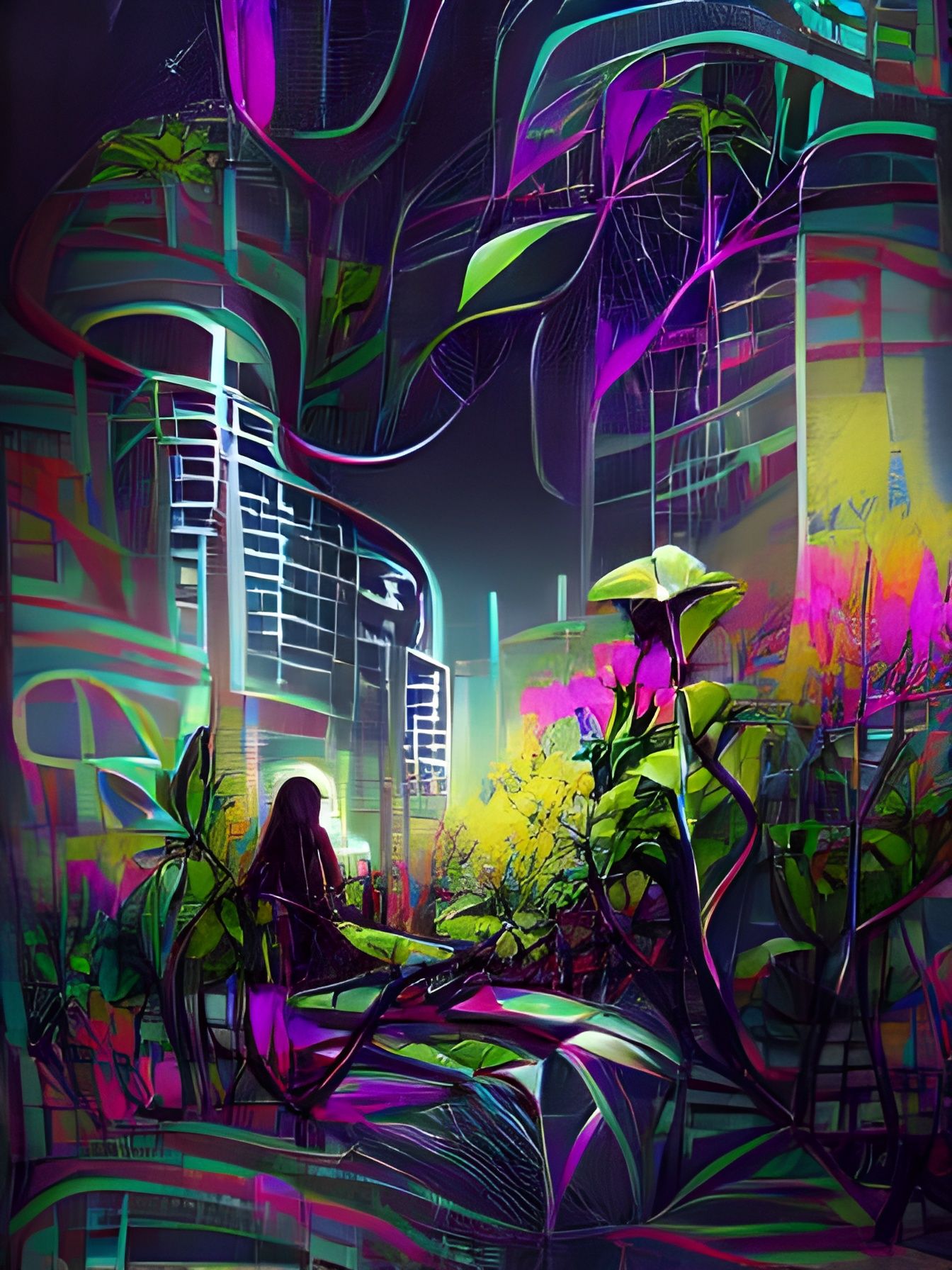 Psychedelic Cyberpunk Garden with Neon Lights