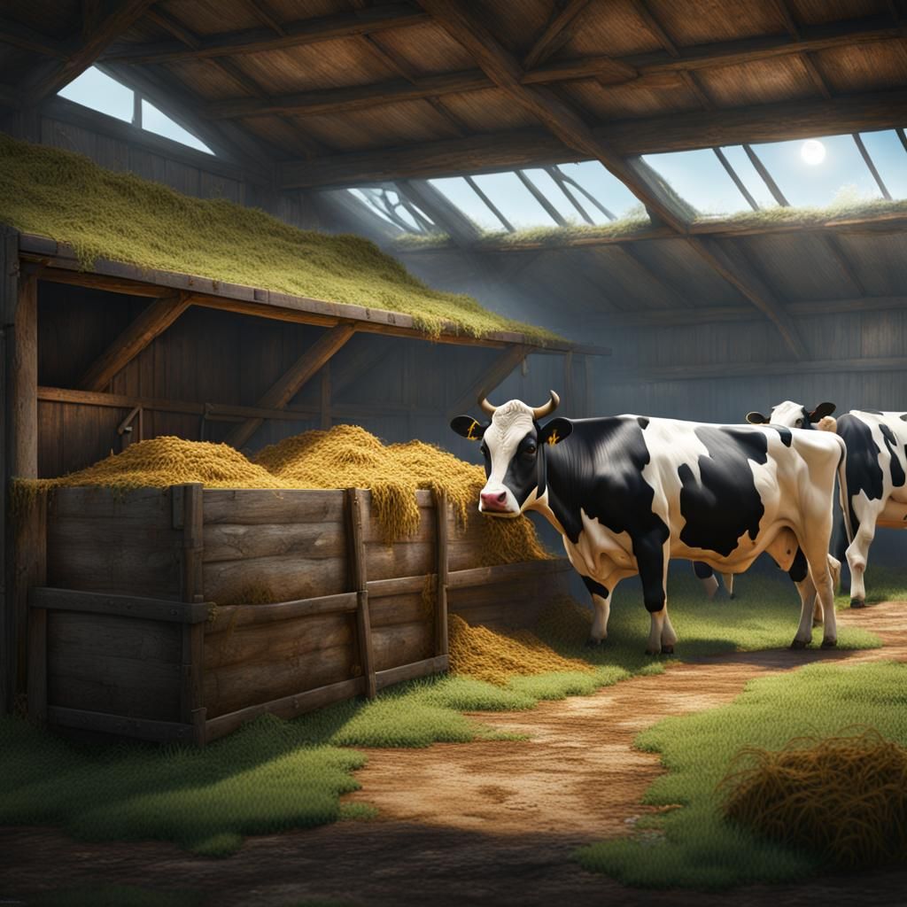 Cows Eating Silage: Detailed Matte Painting