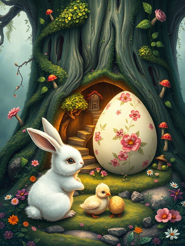 Bunny and Chick in Fairy Village, Chibi Art