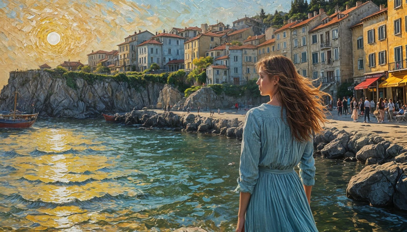 Charming Coastal Town Captured in Vibrant Impasto Oil Painti...