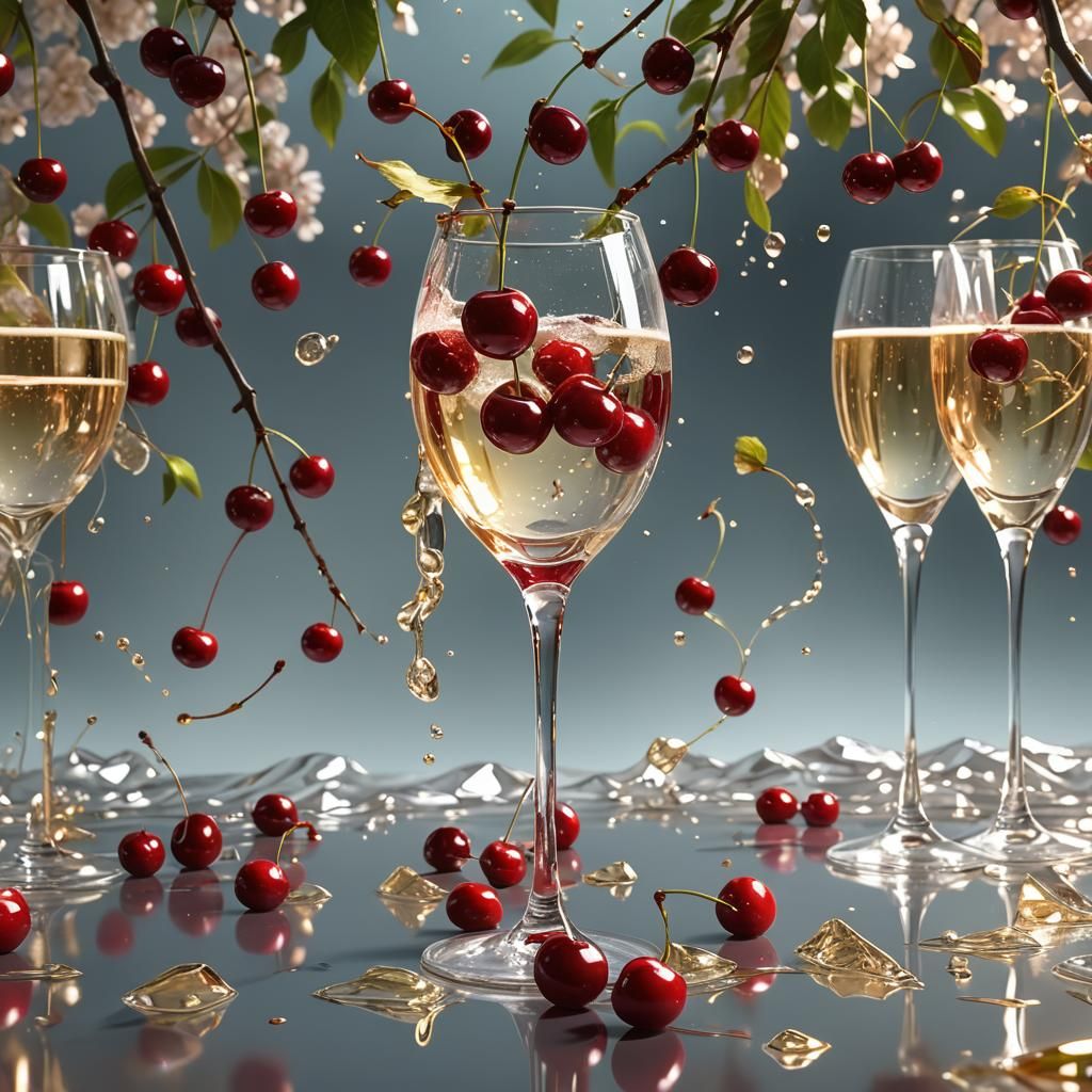 Glass Cherries Falling into Champagne Glasses