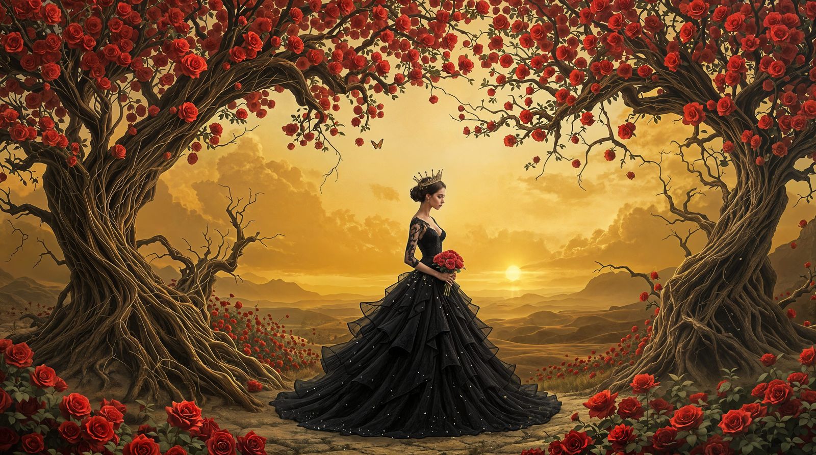 Surrealistic Impression of a Woman in a Golden Rose Landscap...