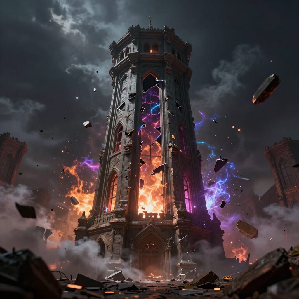 Ancient Magical Tower Collapsing in Spell Battle, Cinematic ...