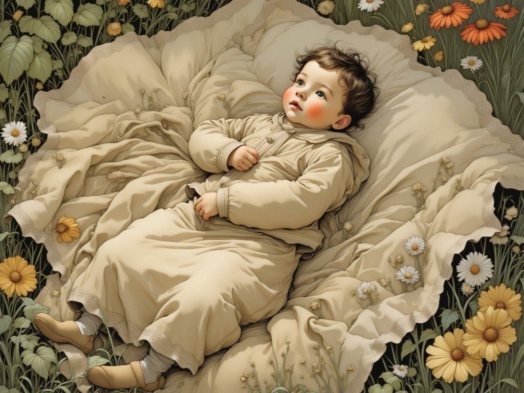 Cute Baby Laughing in Garden: Fantasy Illustration