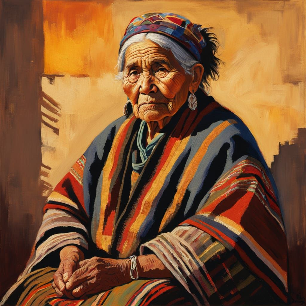 Elderly Mapuche Woman Portrait in Oil Painting Style