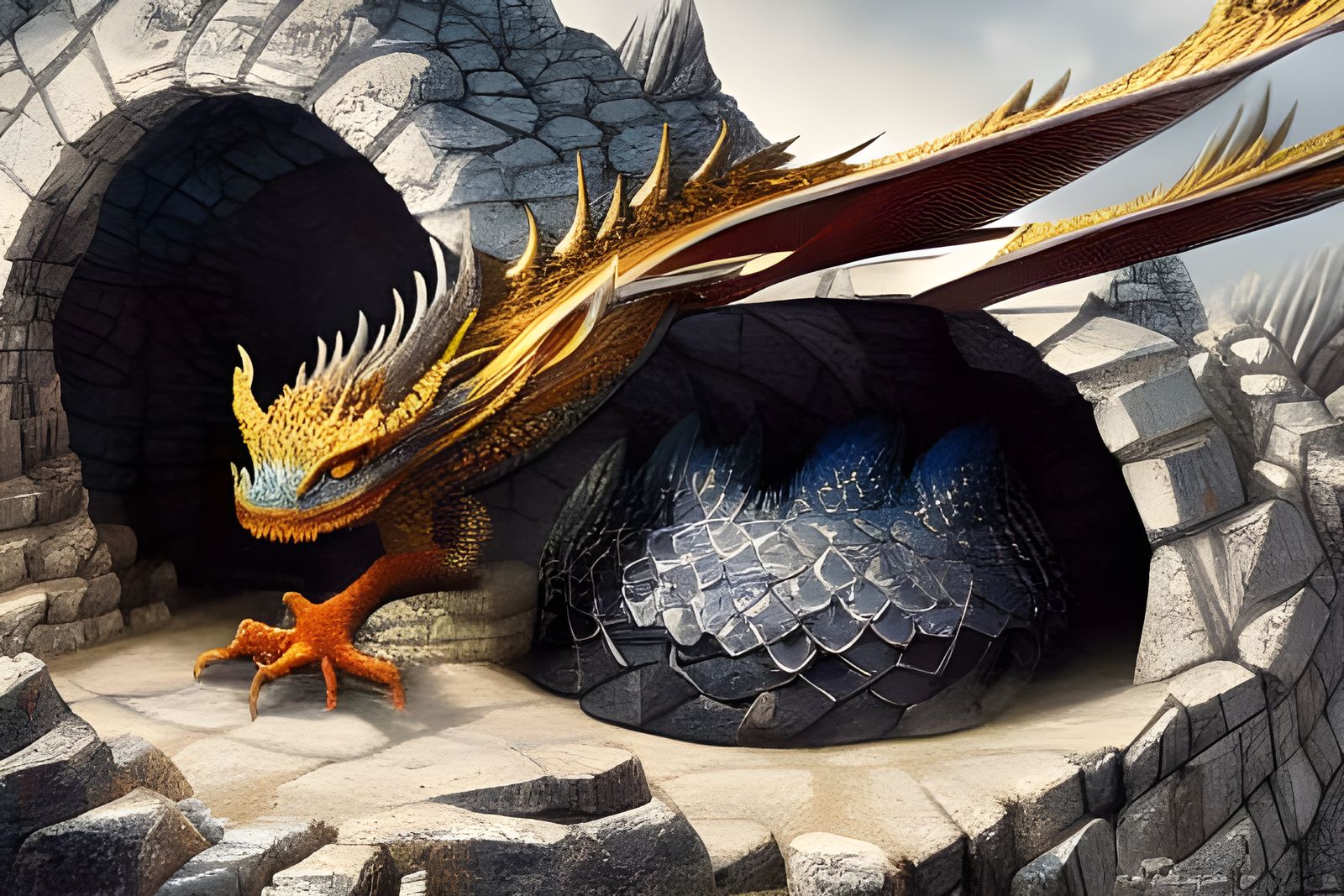 A dragon protecting his eggs.
