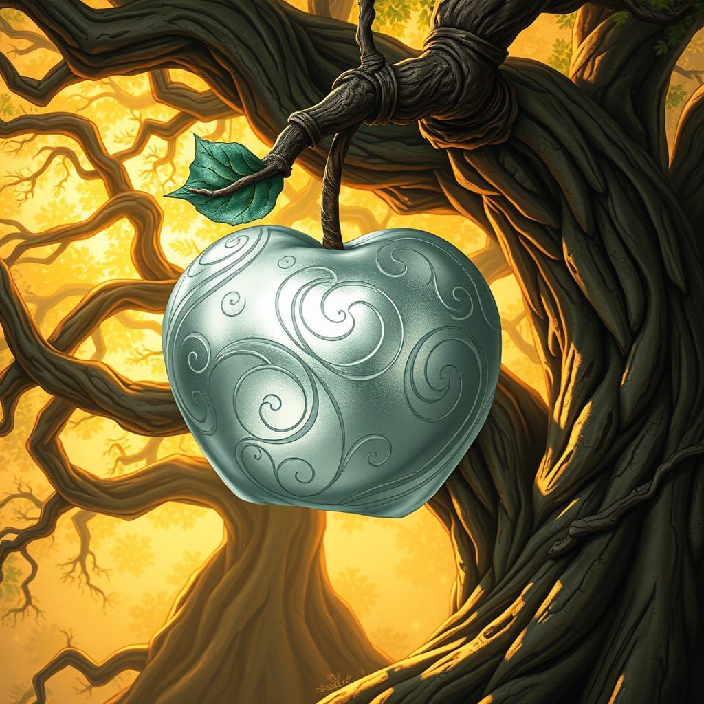 Mystical Silver Apple in Ancient Tree
