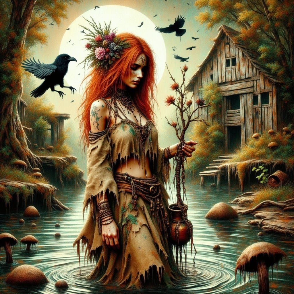 Steampunk Herbalist in Sunlit Apothecary Garden