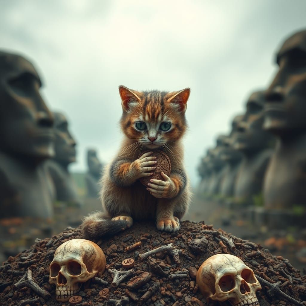 Pensive Kitten as Grim Reaper on Easter Island