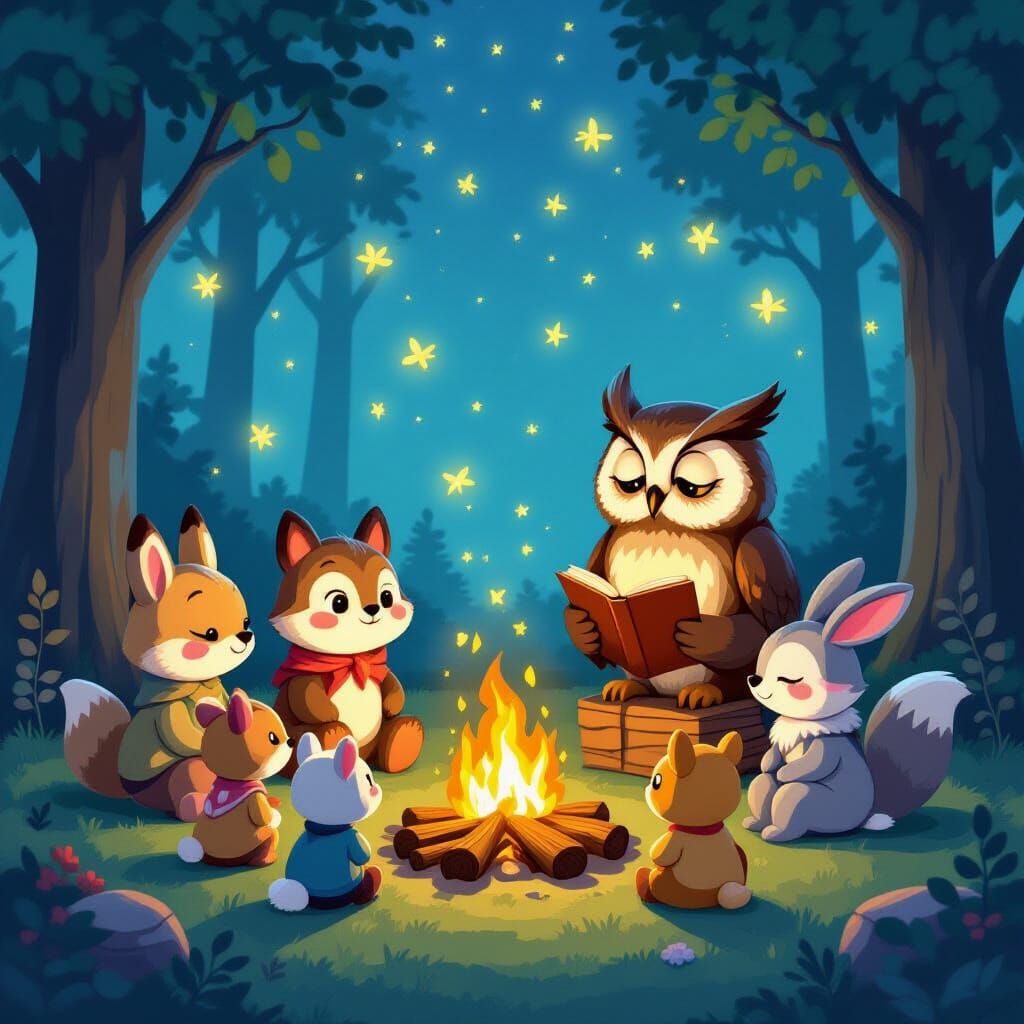 Woodland Creatures Gather Around Magical Campfire in Starlit...