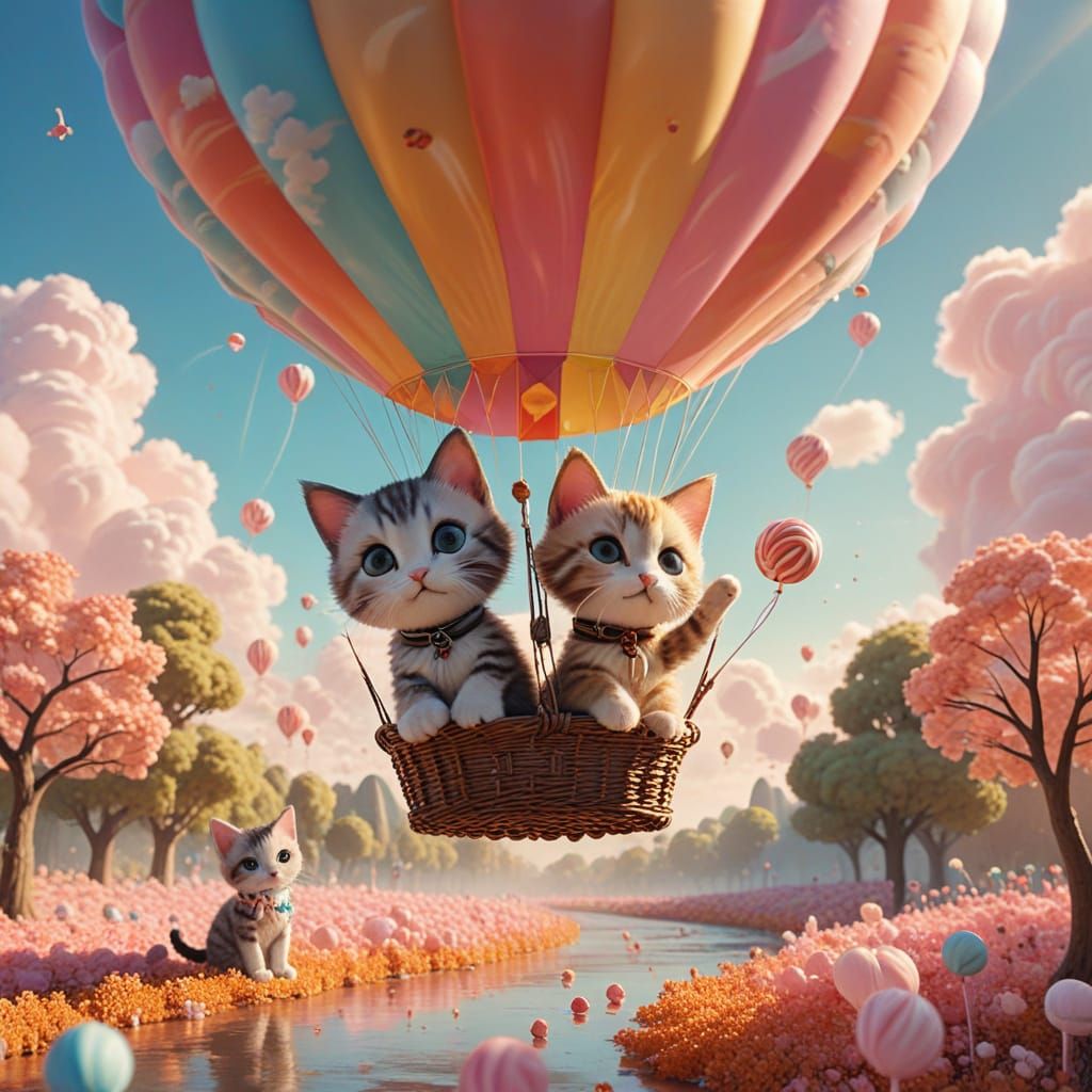 Cartoon Kittens in Fantasy Landscape as Film Still