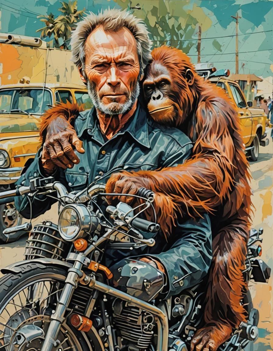 Clint Eastwood and Orangutan Motorcycle Ride