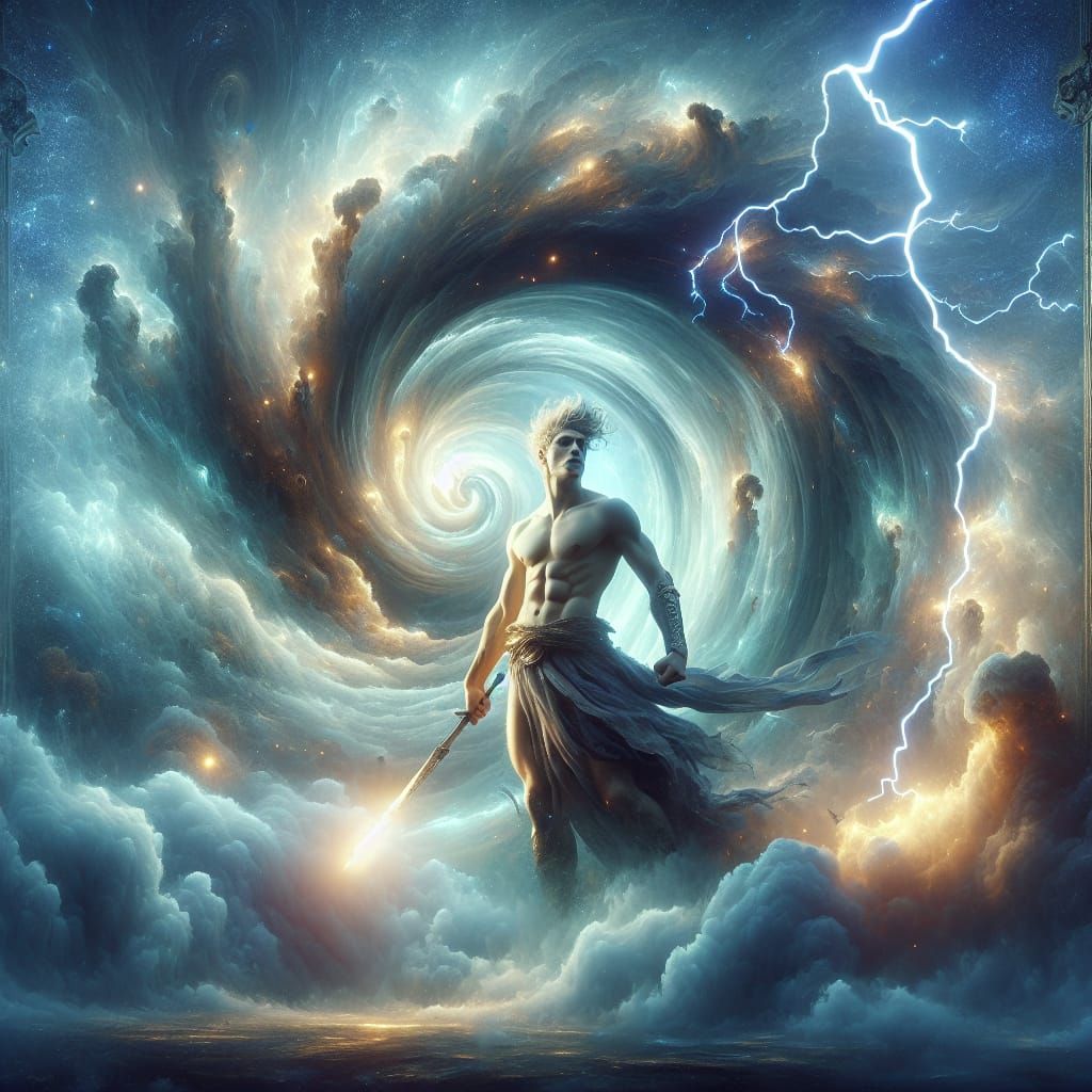 Ethereal Vortex: Greek Hero in Dramatic Digital Painting