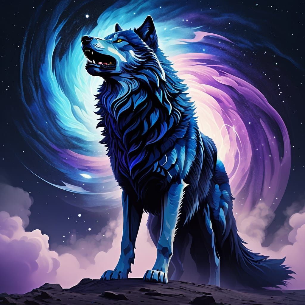 Majestic Wolf Dominates Cosmic Landscape in Dark Elegance