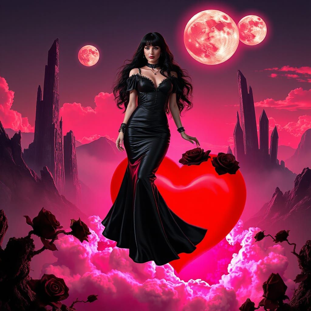 Gothic Woman in Surreal Magenta Dreamscape