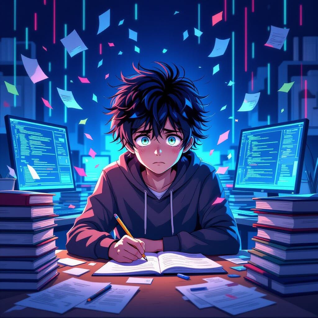 Anime Style Stressed Student Overwhelmed by Studies