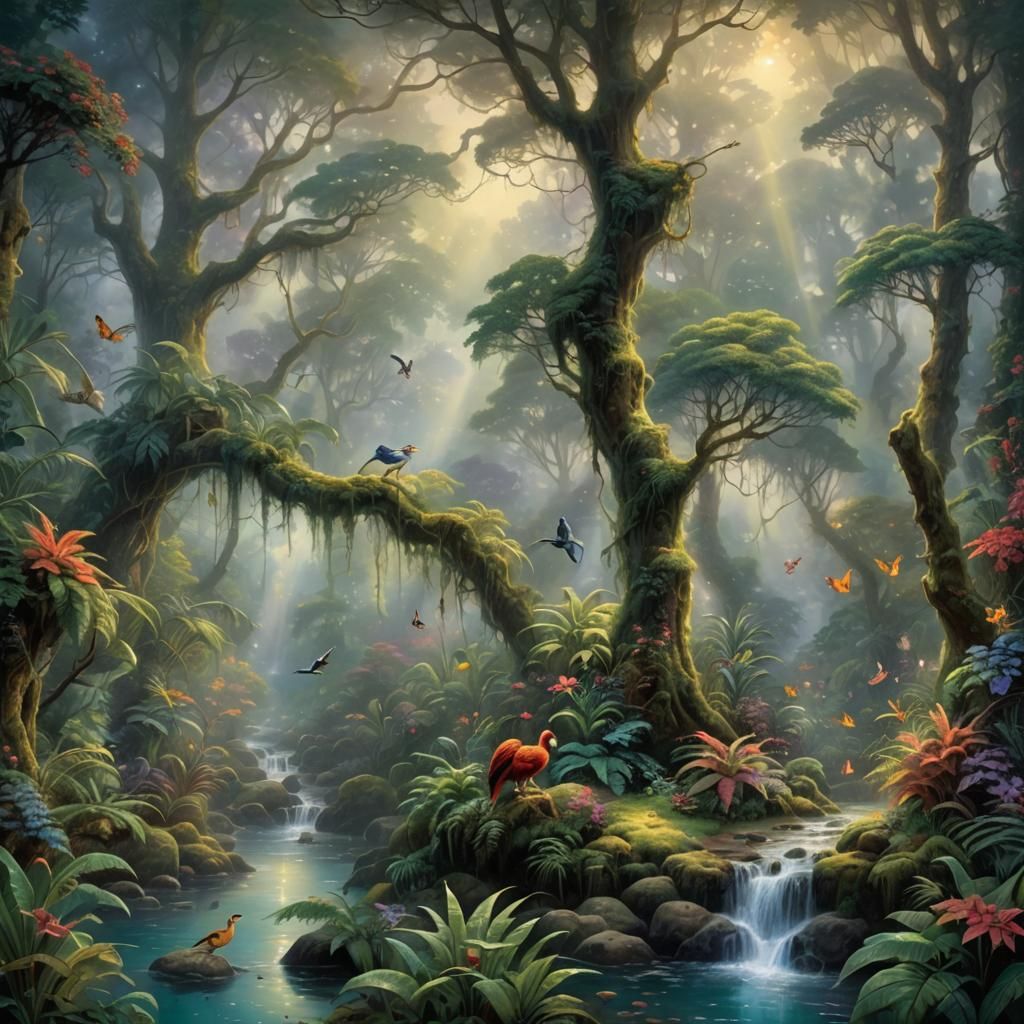 Misty Rainforest Morning with Animals, Ethereal Fantasy