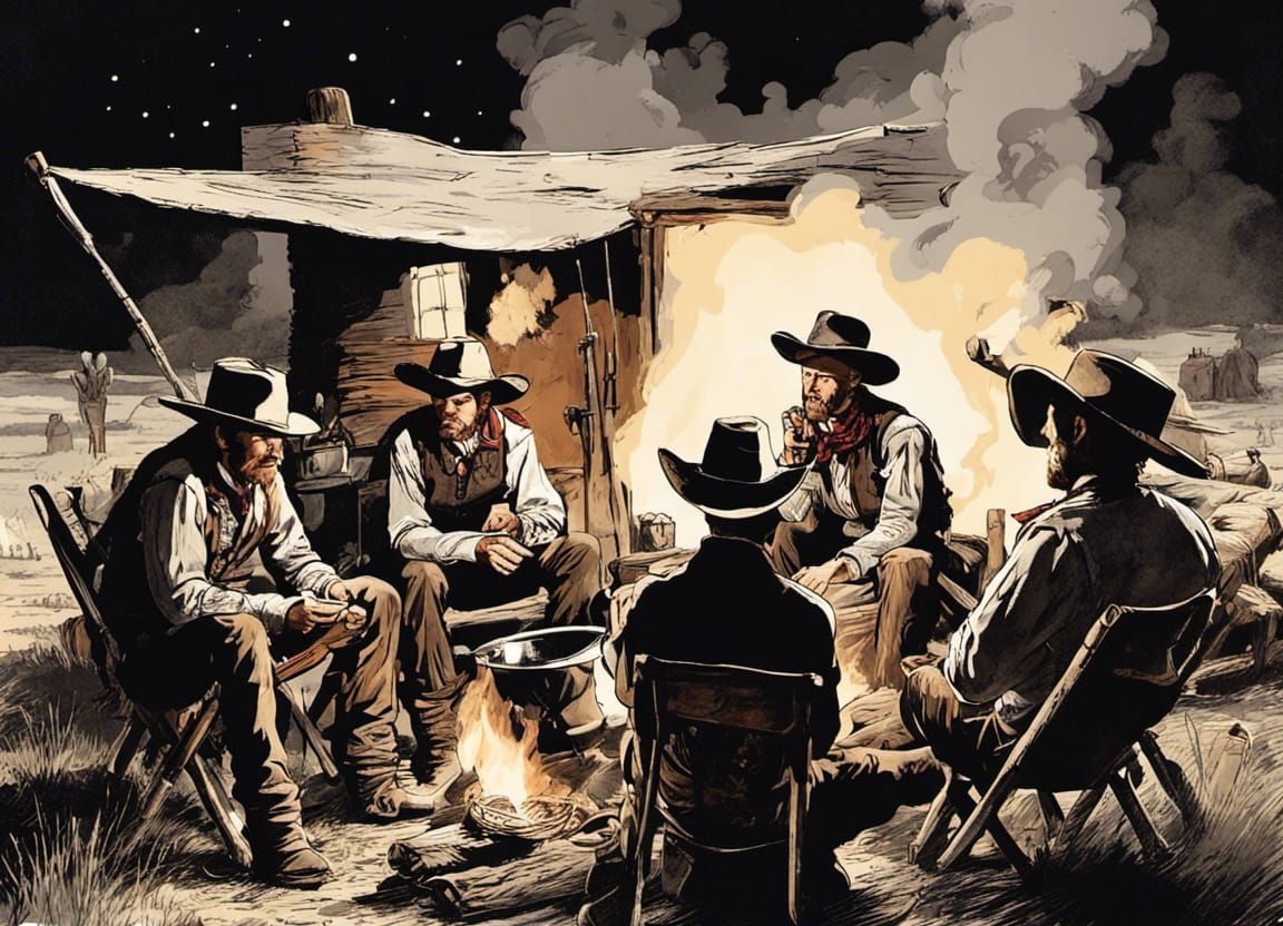 Wild West, Cowboys Sitting Aroung the Campfire, Eating by the Chuck Wagon at Night