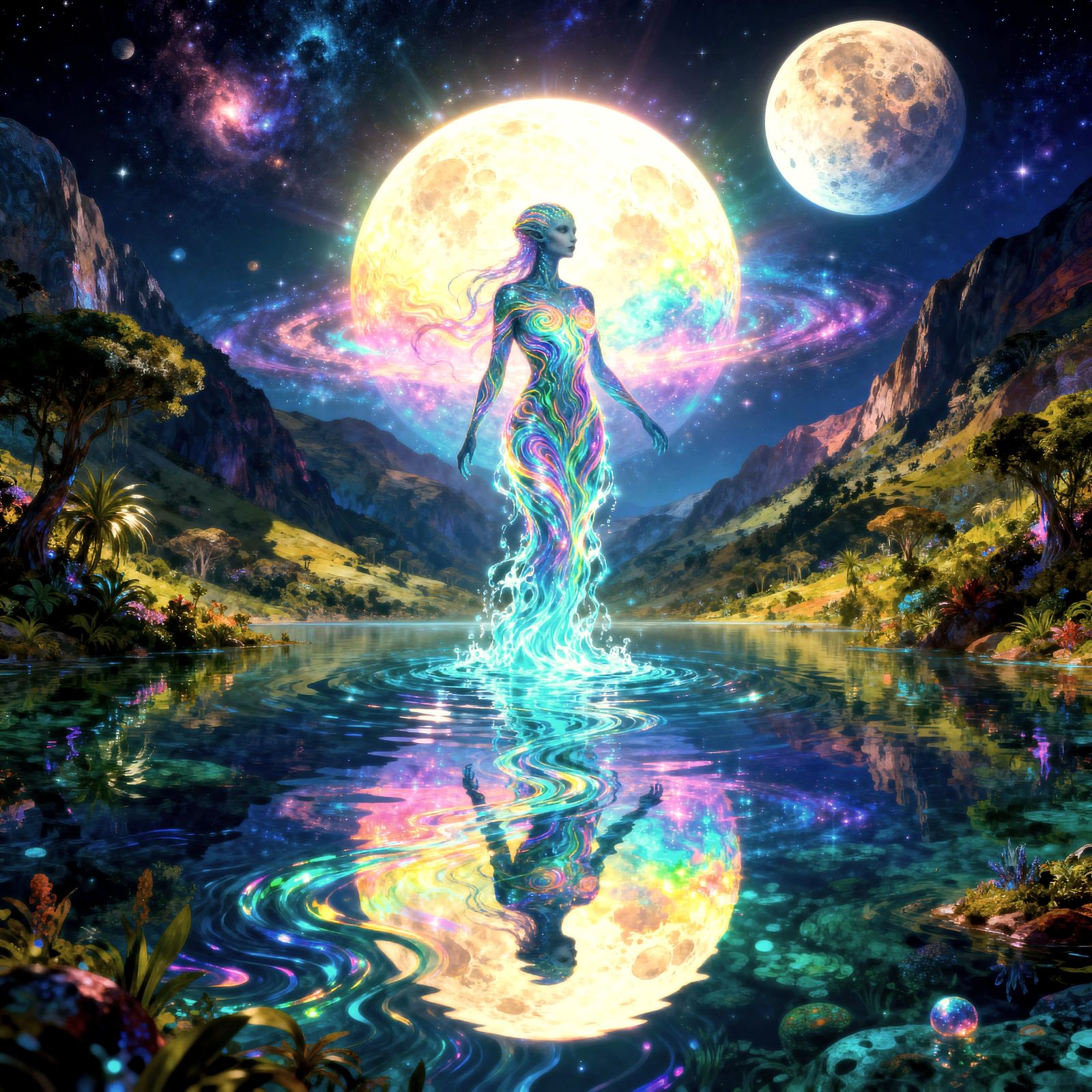 Alien Water Elemental Woman on Colorful Planet