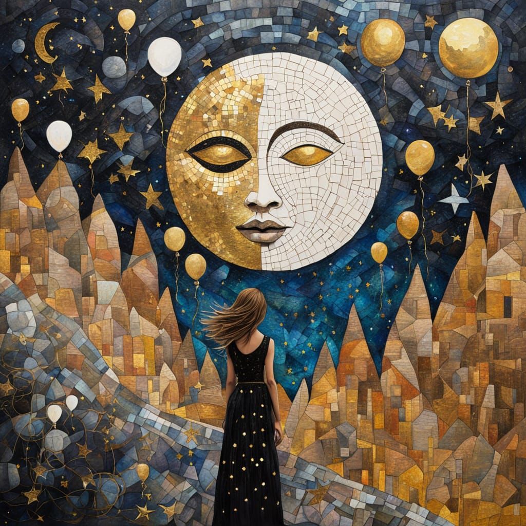 Mosaic Cliff Dreamscape with Golden Moon, Mixed Media