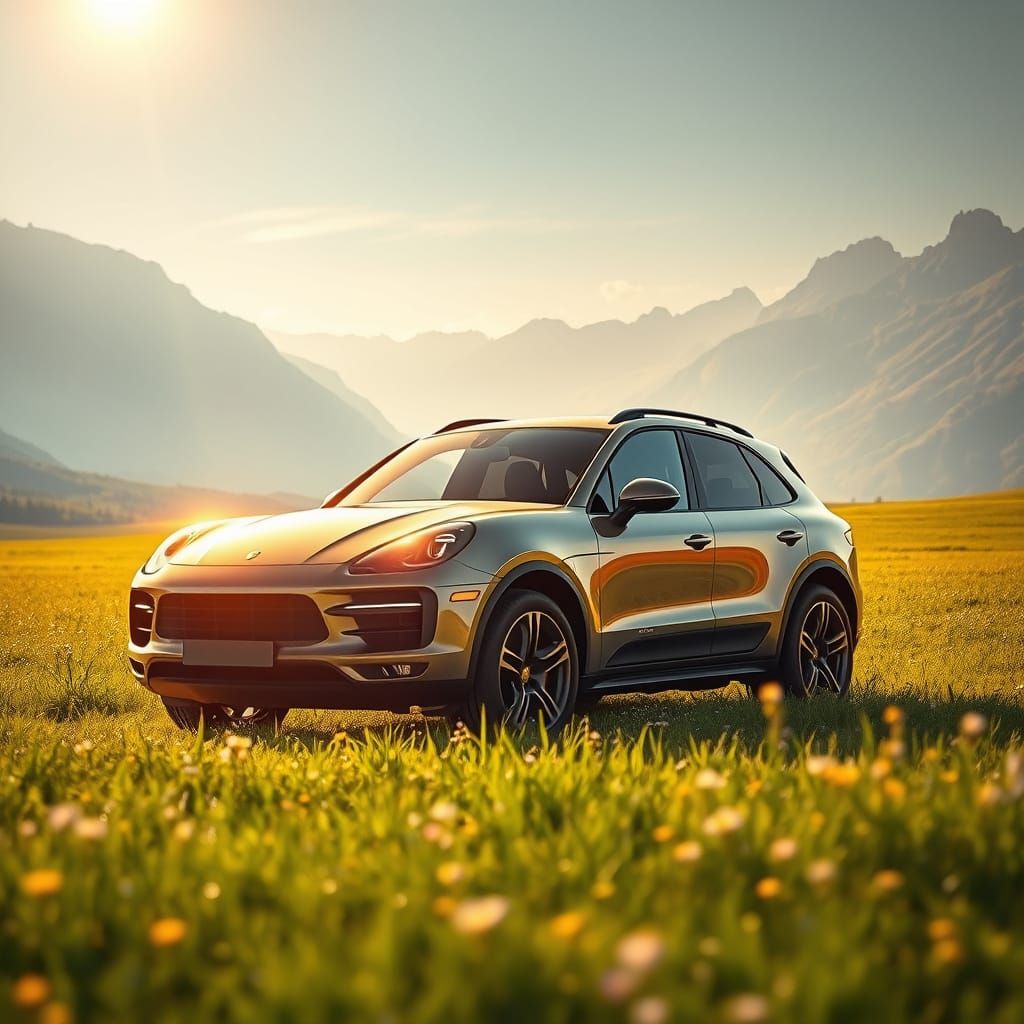 Golden Porsche SUV in Idyllic Landscape