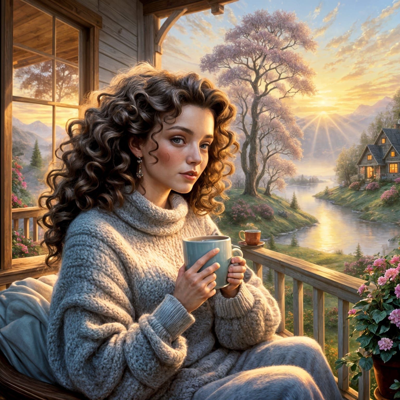 Woman Enjoying Morning Coffee at Sunrise