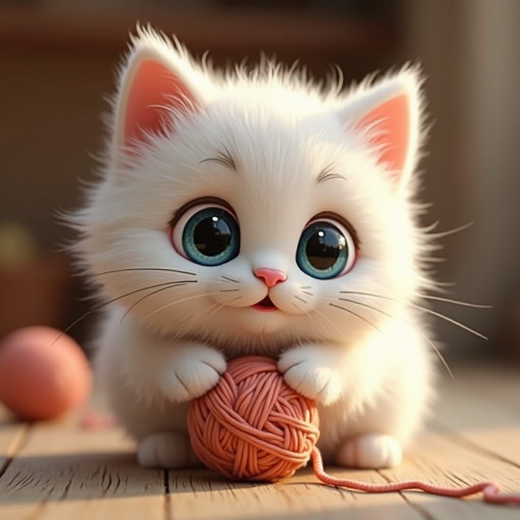 Cute 3D Kitten Playing with Yarn, Digital Art