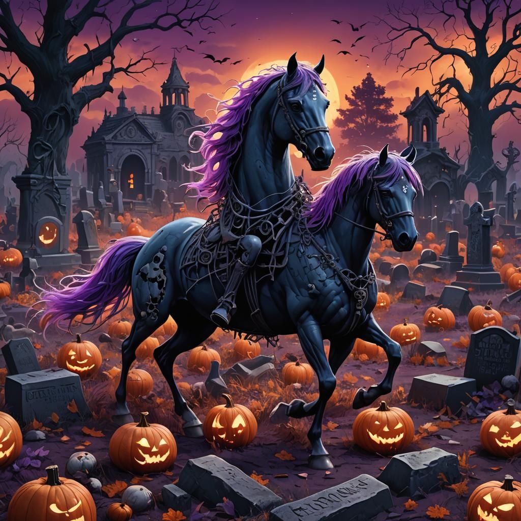 Ethereal Horse in Skeleton Field: Dark Fantasy Art