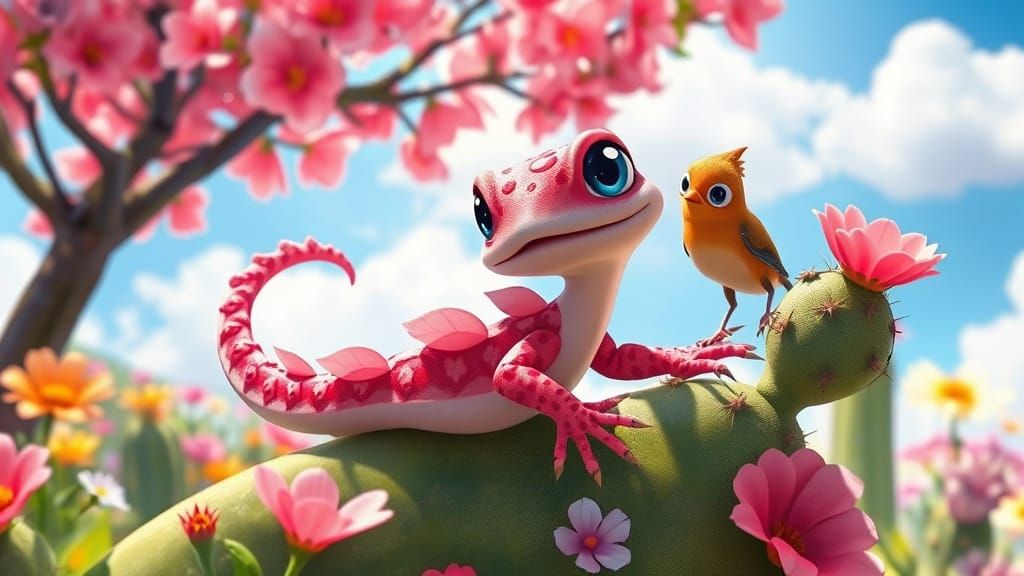 Cute Cherry Blossom Lizard in Ghibli Style