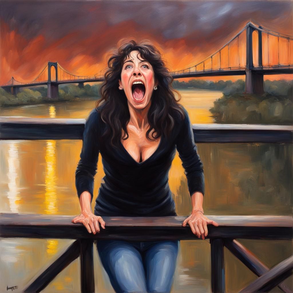 Woman Screaming on Bridge: Munch-Style Oil Painting