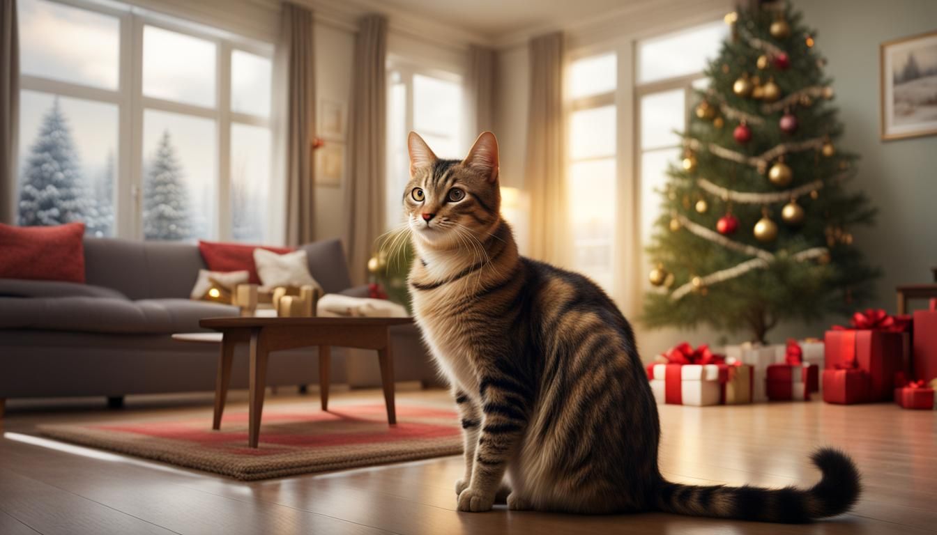 Tabby Cat Christmas Portrait in Rembrandt Style