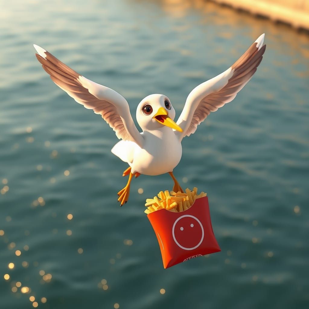 Playful Seagull Soaring Above Bay: 3D Rendered Illustration