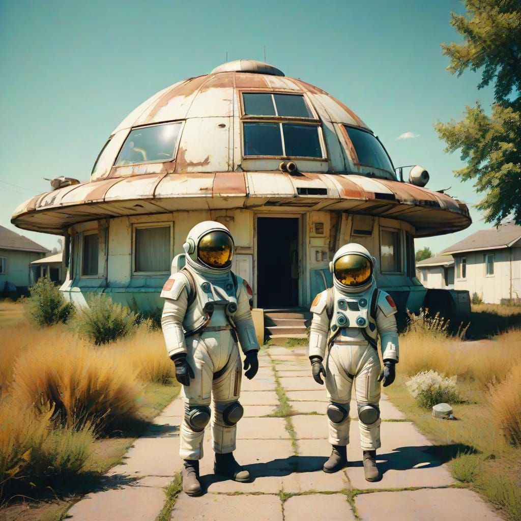 Family in Vintage Spacesuits Stand in Front of Their Old Hou...