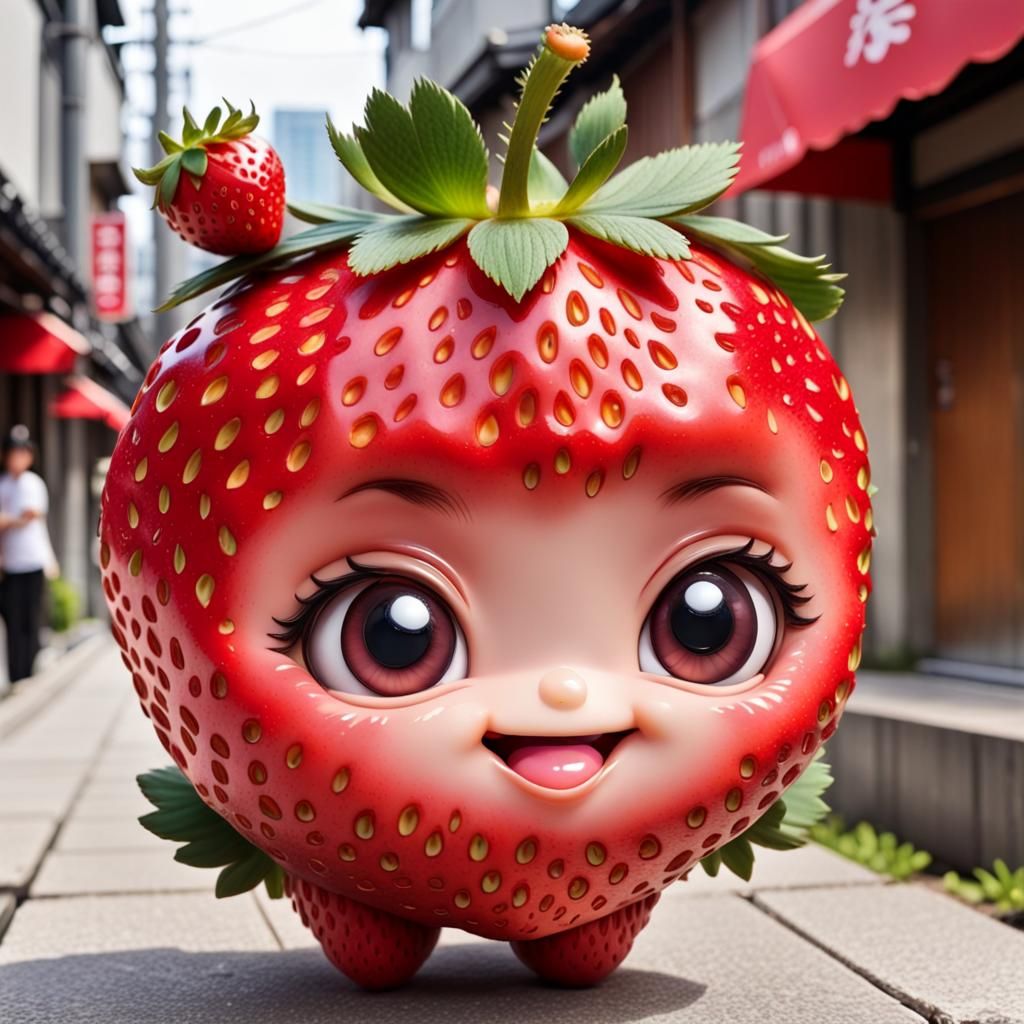 Shy Chibi Strawberry Character in Urban Setting