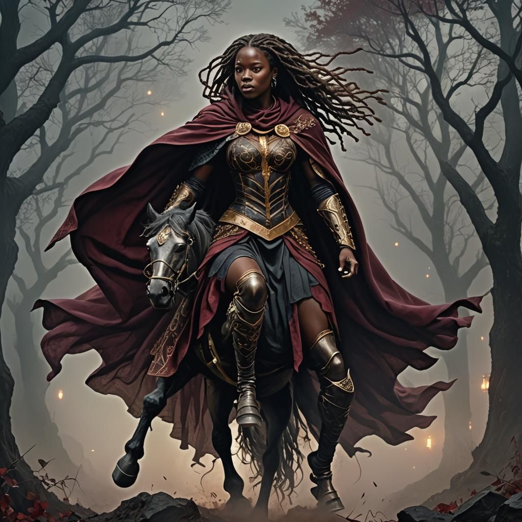 Woman on Horse in Misty Night, Detailed Matte Painting