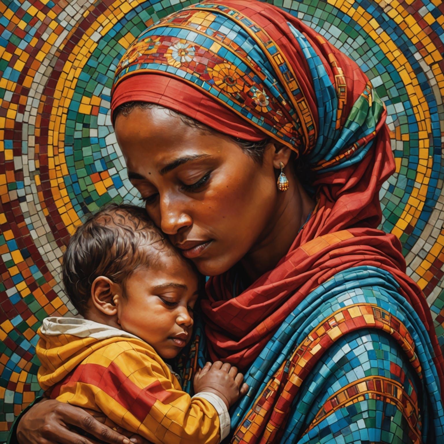 Loving Mother and Child in Mosaic Garments