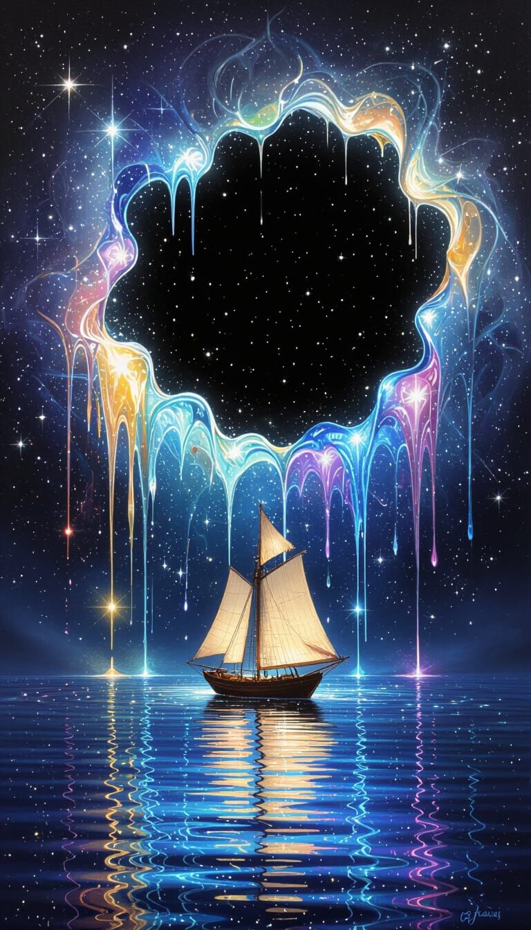 Surreal Black Hole Emits Liquid Light Over Cosmic Lake