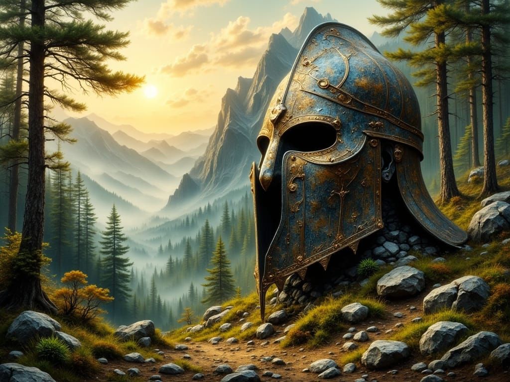 Ancient Knight Helmet in Misty Woods at Sunrise