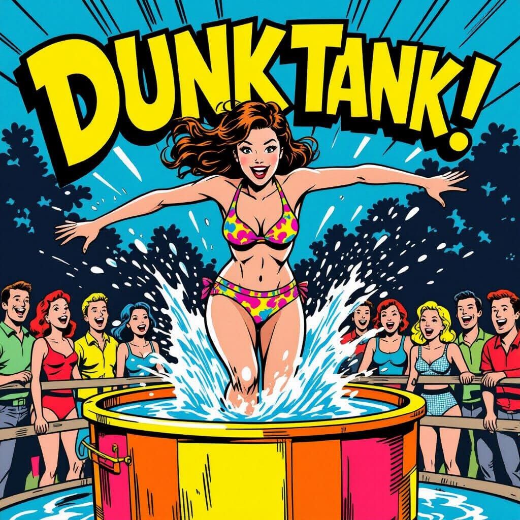 Woman Splashing into Dunk Tank in Comic Book Style