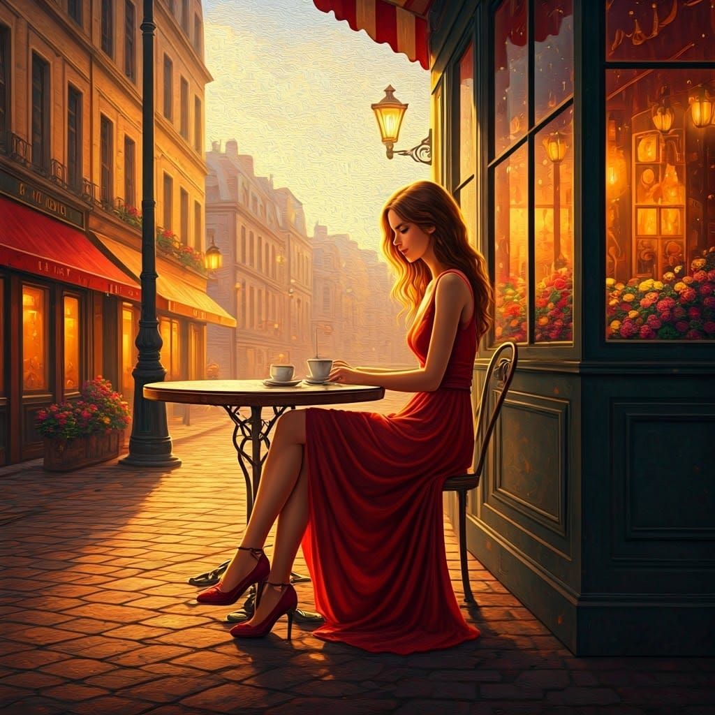 Elegant Woman in Vibrant Red Dress Amidst Bustling Street Sc...