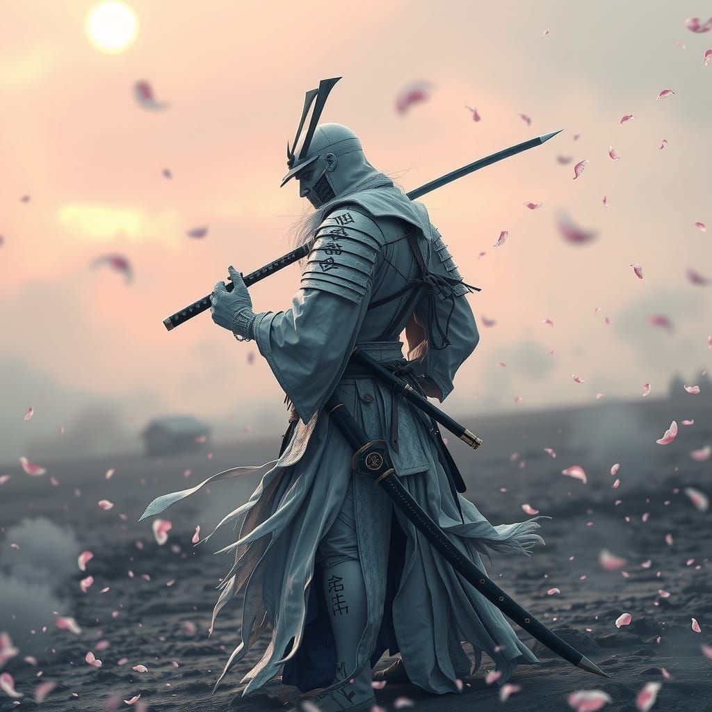 Spectral Samurai on Battlefield in Hyperrealistic Style