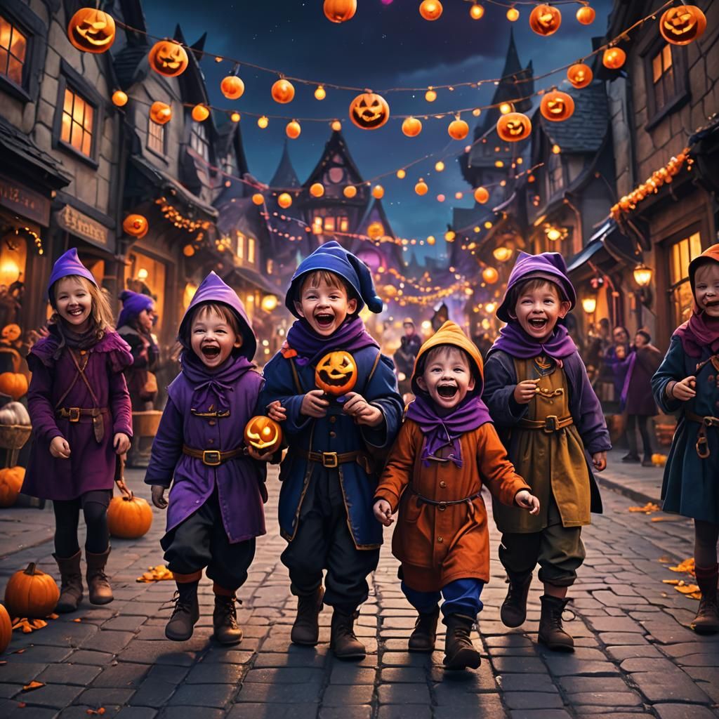 Halloween Dwarfs in Dark Fantasy Street Scene