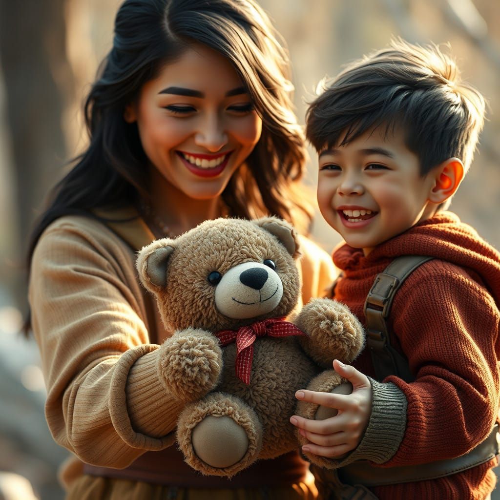 Mother Gently Hands Son a Cuddly Teddy Bear in a Dreamlike S...