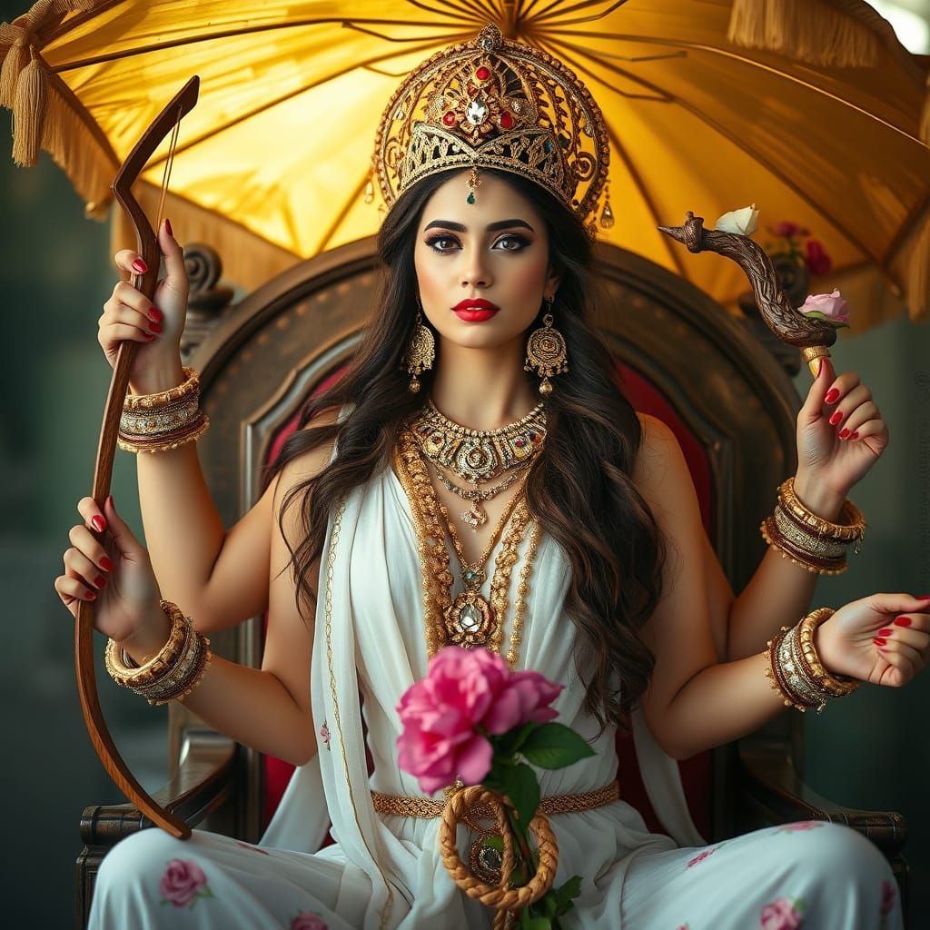 Captivating Goddess of Light with Golden Umbrella