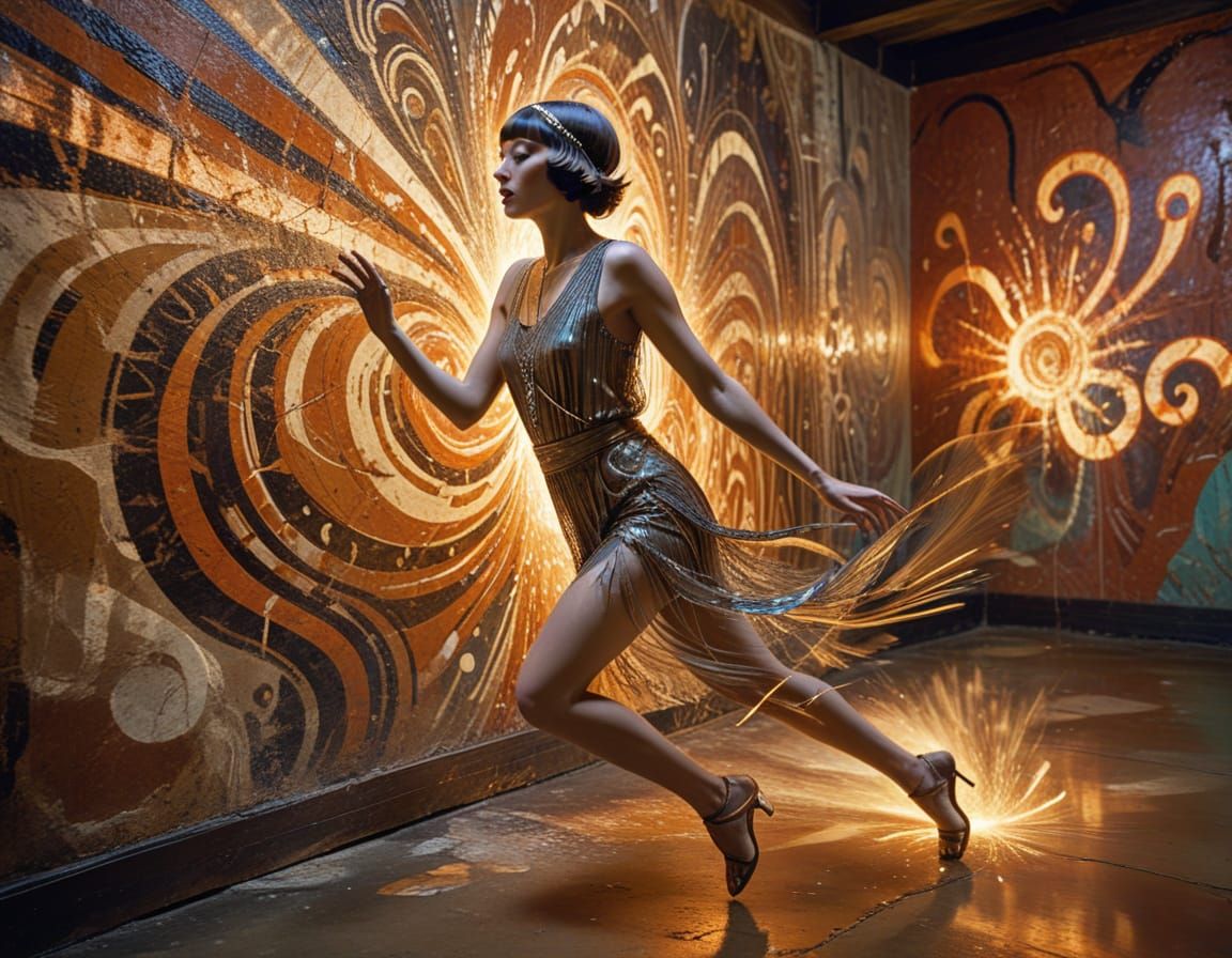 Flapper Girl Speeds Through Psychedelic Mural Vortex