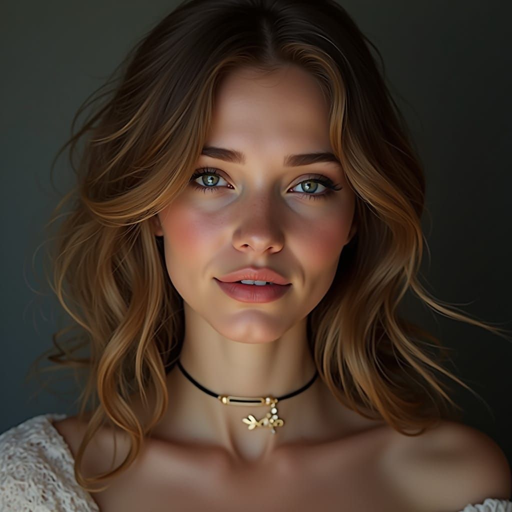 Retrato ultra realista de uma mulher russa jovem 24 anos e deslumbrante, com feições simétricas e olhar cativante sorrin...