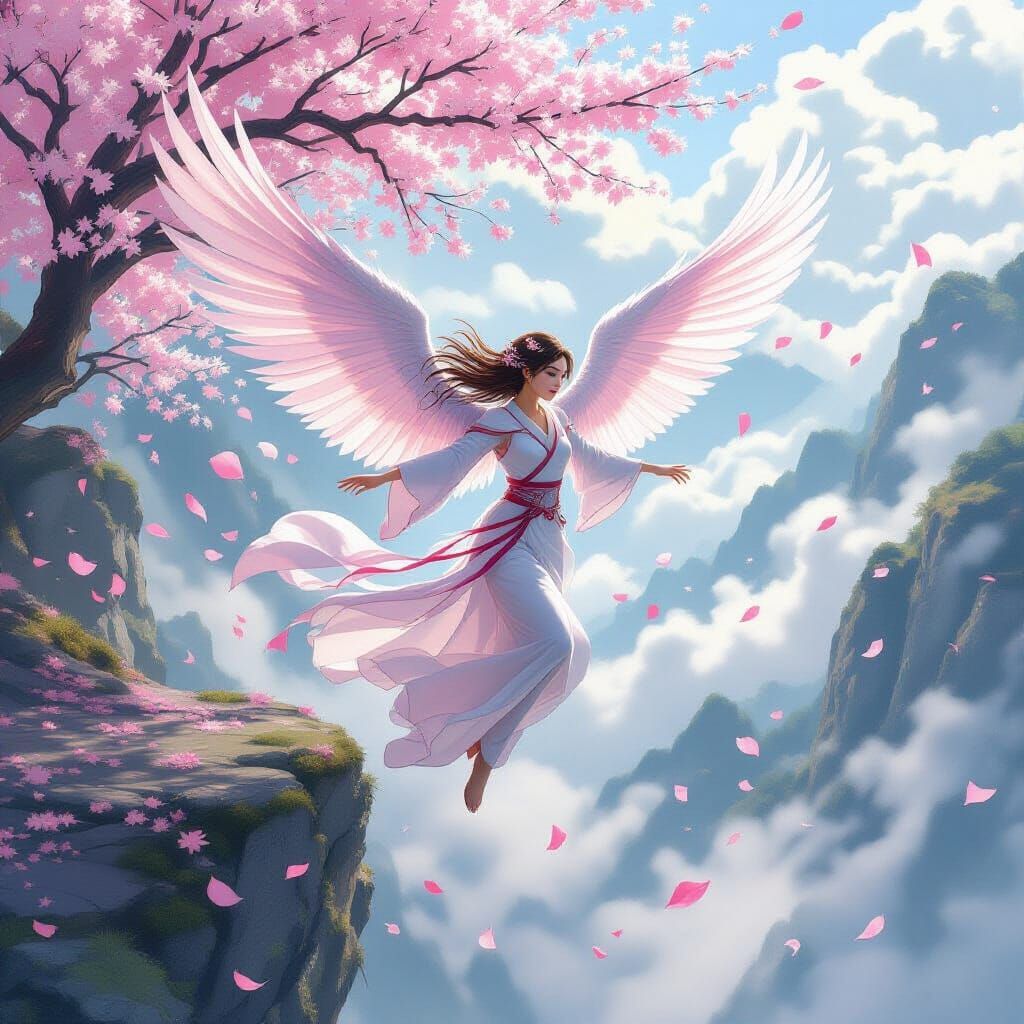 Woman with Sakura Petal Wings Takes Flight
